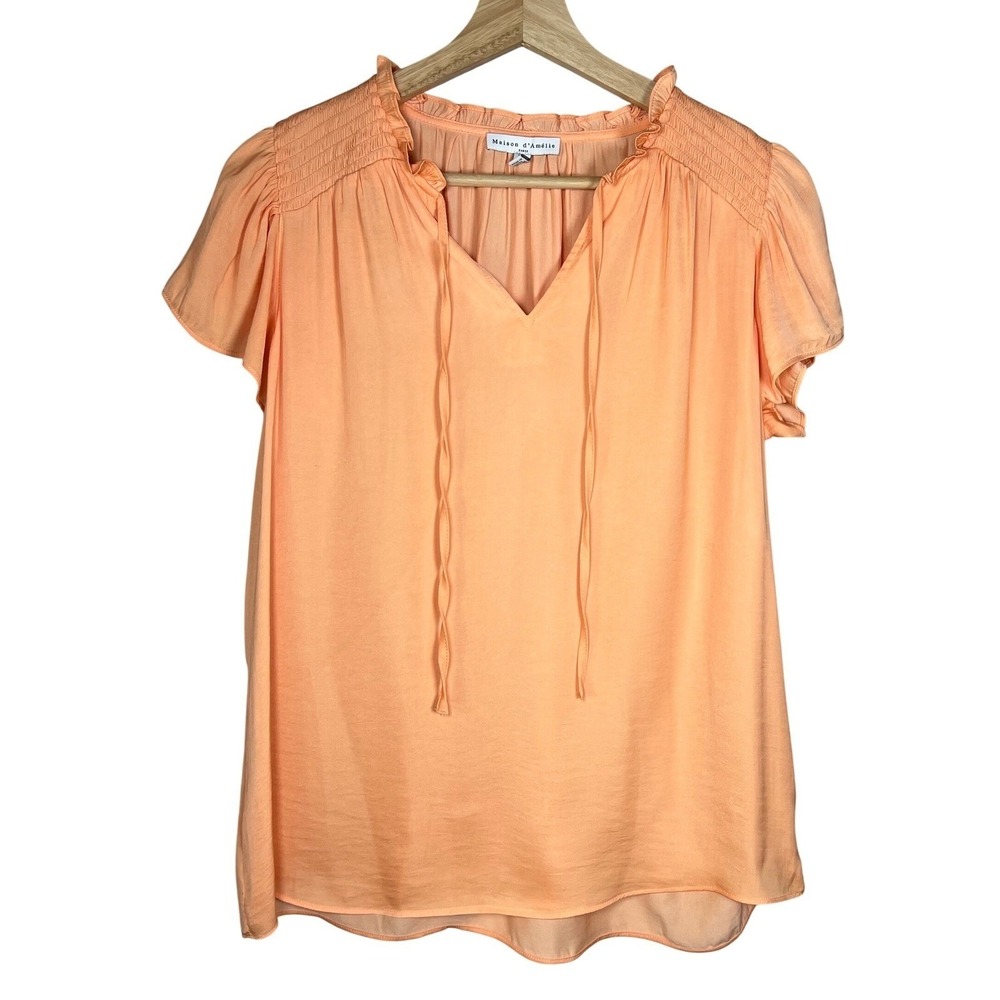 Maison d'Amelie Paris Ruffle Flutter Sleeve Peasant Top Blouse Tie Front S